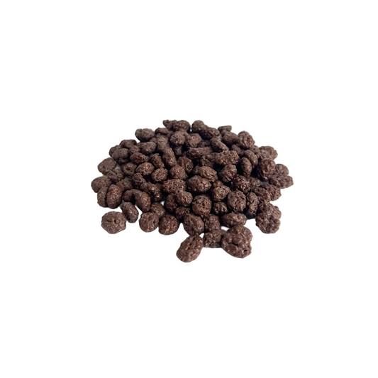 Premium roasted coffee beans coated in smooth Belgian milk chocolate on a white background.