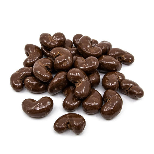 Roasted cashews coated in smooth milk Belgian chocolate by La Belge.